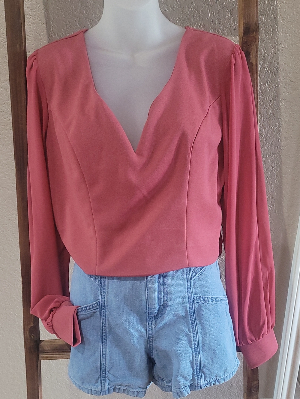 Deep V-Neck Long Sleeve Blouse in Dusty Rose